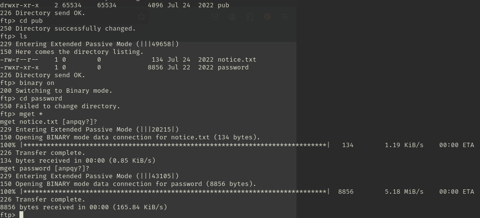 Anonymous FTP session listing the pub directory and pulling down notice.txt and the password binary with mget