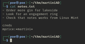 The contents of notes.txt, a manager's to-do list with credentials at the bottom