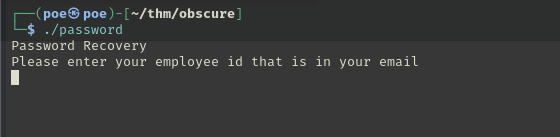 Running ./password, which prints "Password Recovery" and asks for the employee id that is in your email