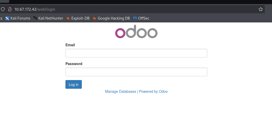 The Odoo login page served at 10.67.172.42/web/login