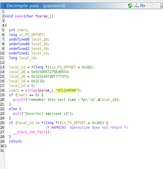 Ghidra decompiling the pass() function, with a strcmp against a hardcoded employee id on line 18