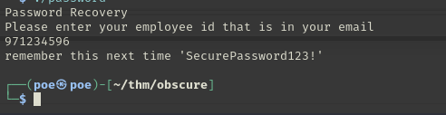 The password binary accepting the hardcoded employee id and printing the recovered password