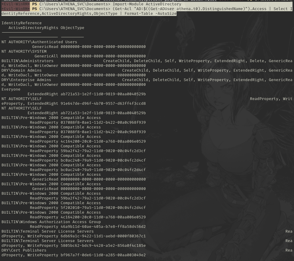 Get-Acl output for the athena.t0 object, listing the ACEs on the account