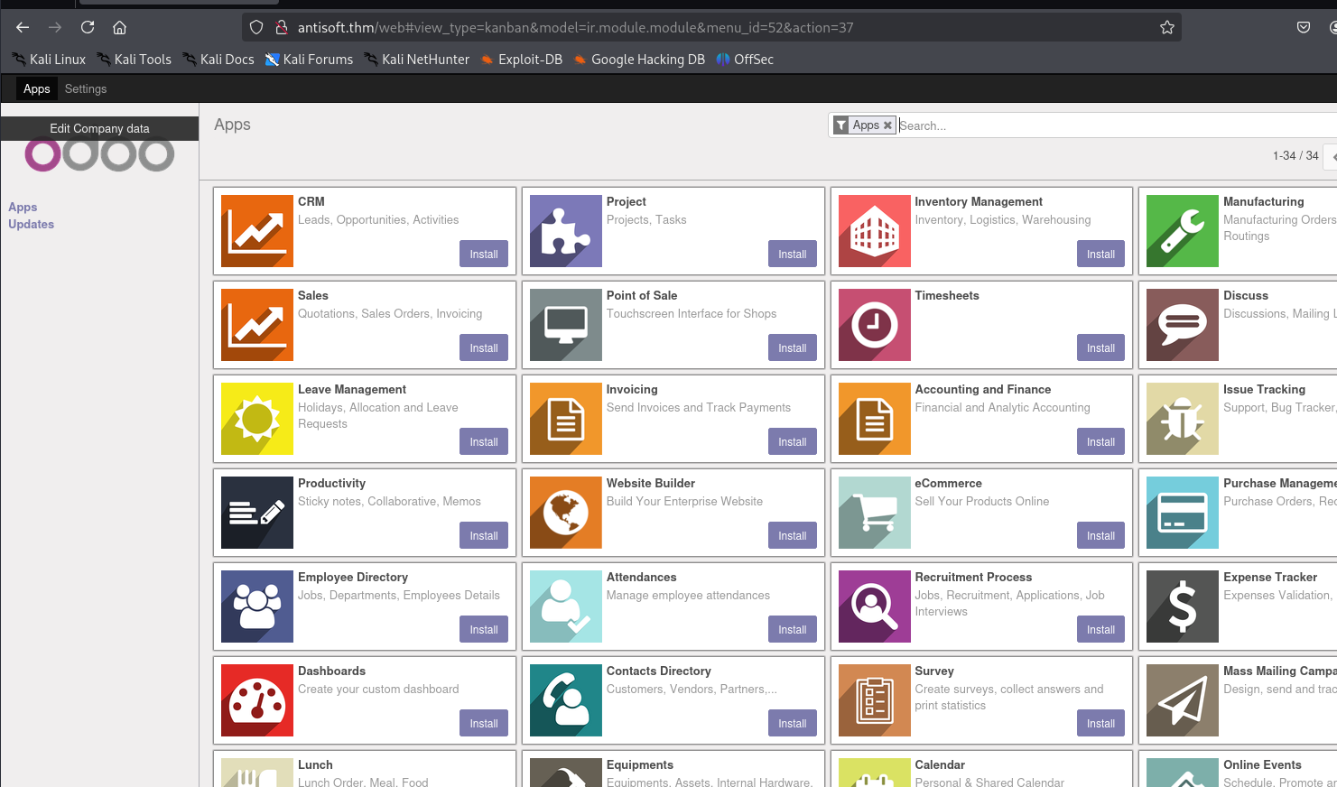The authenticated Odoo backend showing the Apps dashboard