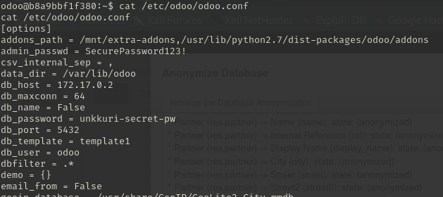 The contents of /etc/odoo/odoo.conf, showing admin_passwd and the Postgres host, user and password