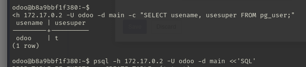 Querying pg_user and confirming the odoo role has the superuser flag set