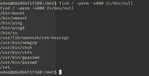 find / -perm -4000 on the Odoo container, turning up a setuid binary called /ret