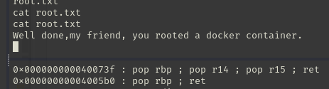 root.txt on the container reading "Well done, my friend, you rooted a docker container", next to a list of ROP gadgets