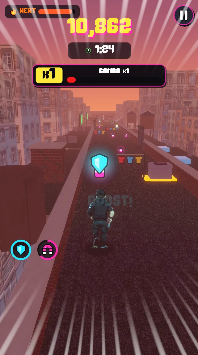 Sprinting across rooftops at dusk toward a shield powerup