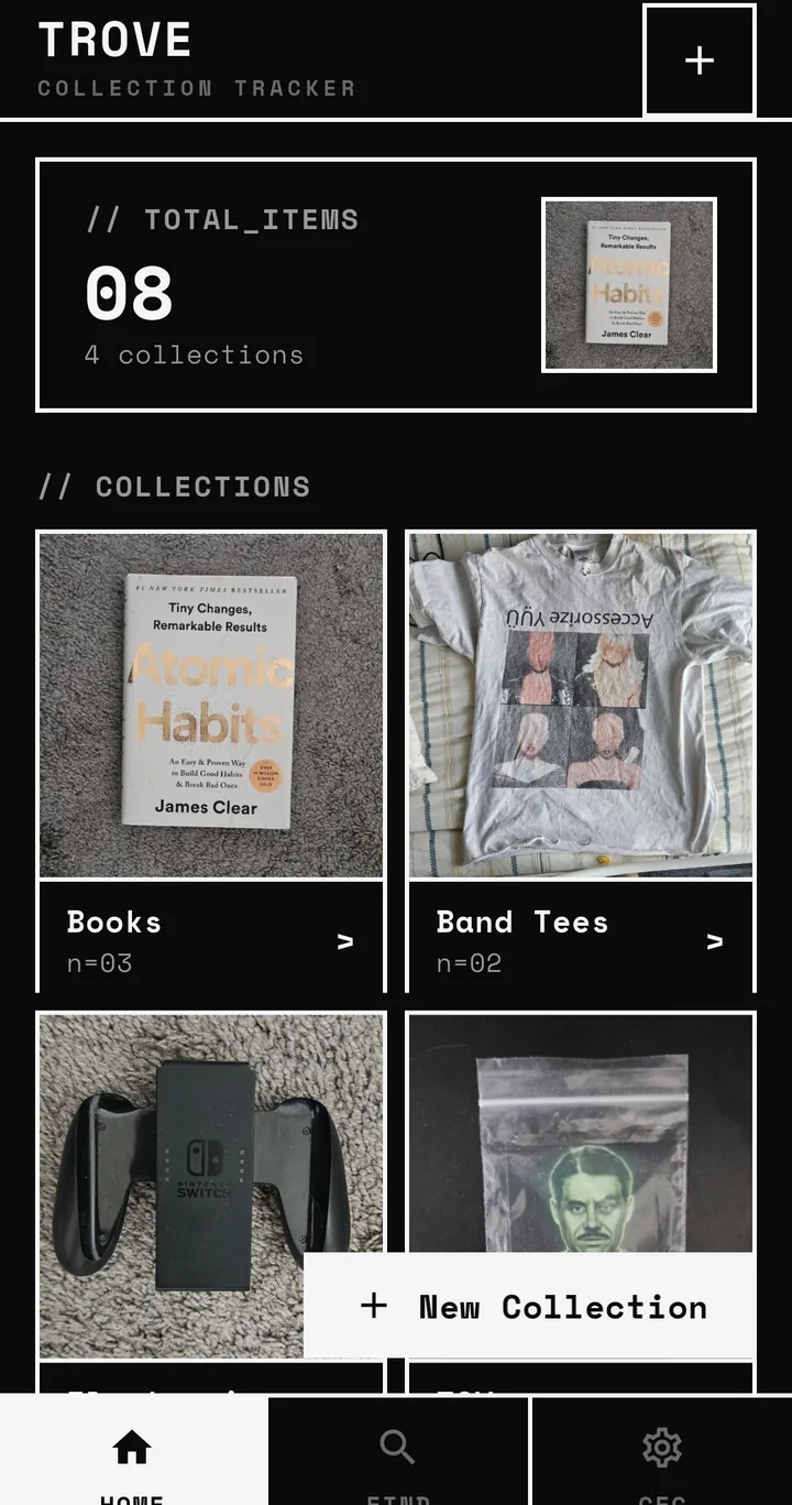 Trove home screen with four collections and a total item count, brutalist theme