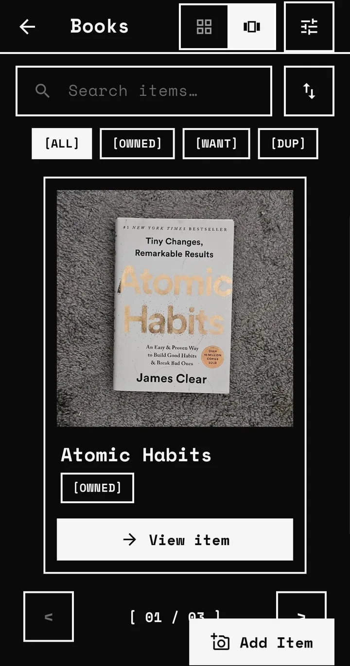 Swipe view flipping through a book collection, brutalist theme